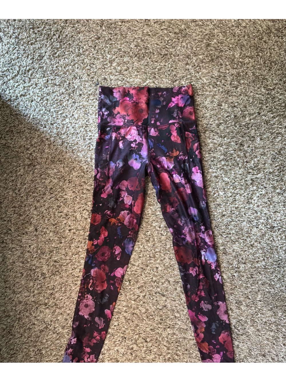 Athleta Black Leggings with Burgundy, Pink and Orange Floral Print size XS